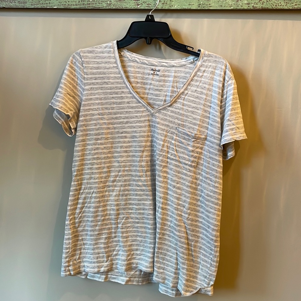 Madewell Whisper cotton v neck pocket tee in Albury Stripe, L